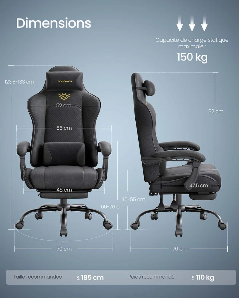Chaise gaming chaise de bureau ergonomique fauteuil gaming coussin d’assise à ressorts repose-pieds accoudoirs avec mécanisme synchrone gris tourterelle 12_0008048