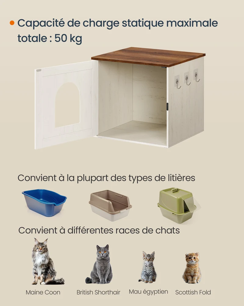 Meuble litière pour chat cache-litière pratique 55 x 50 x 50 cm style rustique ambiance cosy en aggloméré blanc 12_0013130