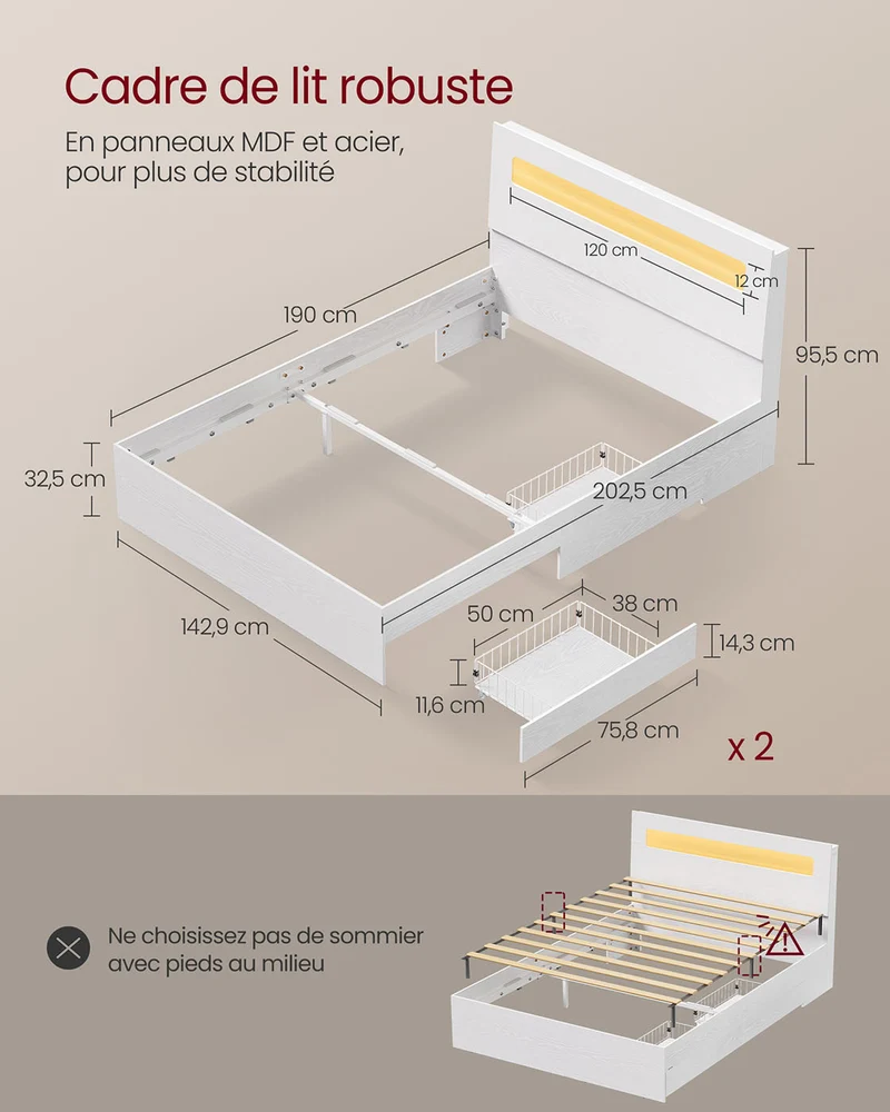 Cadre de lit double avec 2 tiroirs coulissants 202,5 x 142,9 x 95,5 cm ambiance cosy en MDF blanc 12_0012987