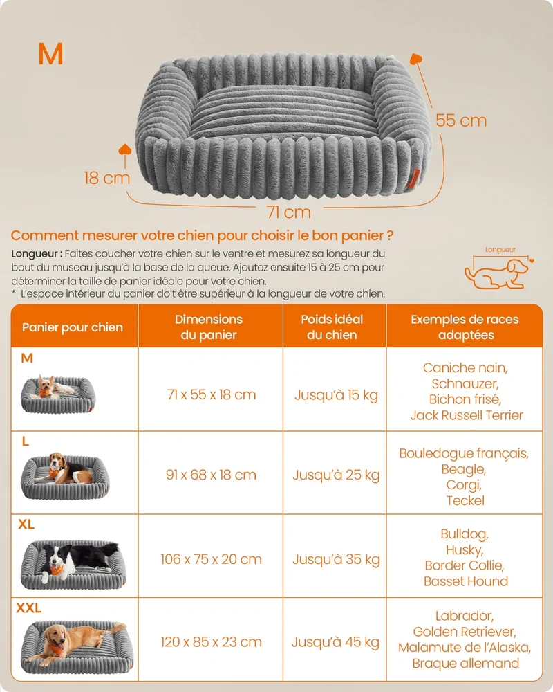 Panier pour chien orthopédique moelleux lavable 71 x 55 x 18 cm ambiance cosy en tissu côtelé gris 12_0012540