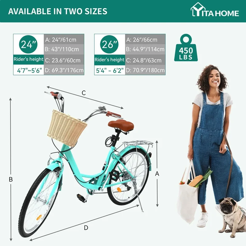 Moasis24/26 Vélo Cruiser 7 Vitesses, Vélo à Cadre Bas Ajustable, Vélo de Ville, Bicyclette