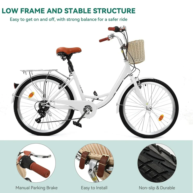 Moasis24/26 Vélo Cruiser 7 Vitesses, Vélo à Cadre Bas Ajustable, Vélo de Ville, Bicyclette