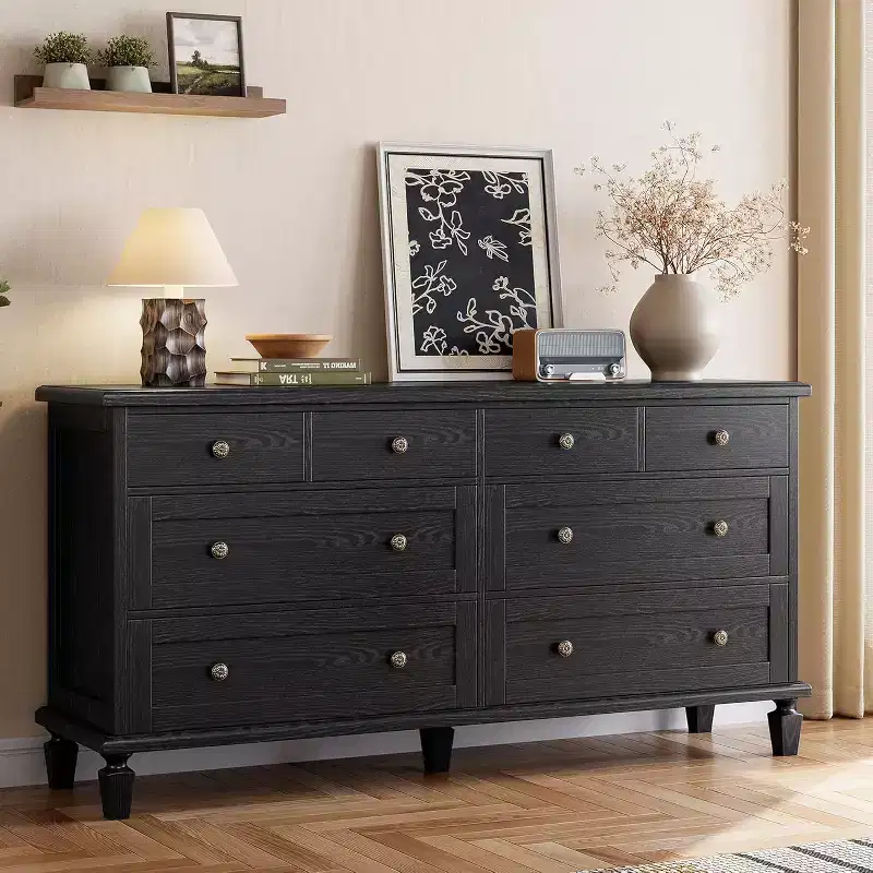 Commode à 8 tiroirs pour chambre à coucher, meuble TV vintage de 59 po avec poignées sculptées et pieds fuselés, commode en bois avec grande capacité de rangement