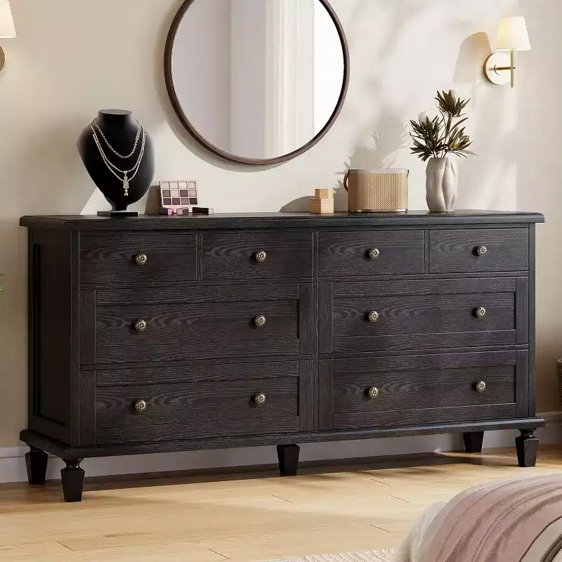 Commode à 8 tiroirs pour chambre à coucher, meuble TV vintage de 59 po avec poignées sculptées et pieds fuselés, commode en bois avec grande capacité de rangement
