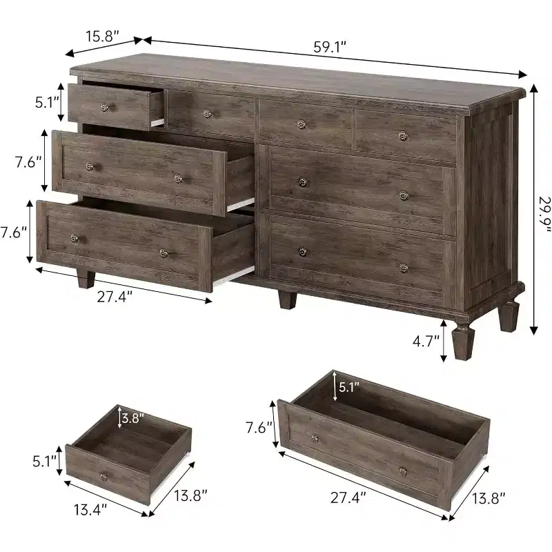 Commode à 8 tiroirs pour chambre à coucher, meuble TV vintage de 59 po avec poignées sculptées et pieds fuselés, commode en bois avec grande capacité de rangement