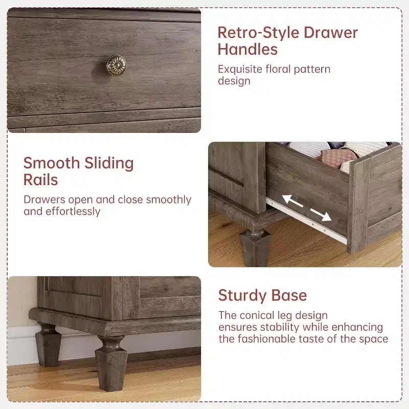 Commode à 8 tiroirs pour chambre à coucher, meuble TV vintage de 59 po avec poignées sculptées et pieds fuselés, commode en bois avec grande capacité de rangement