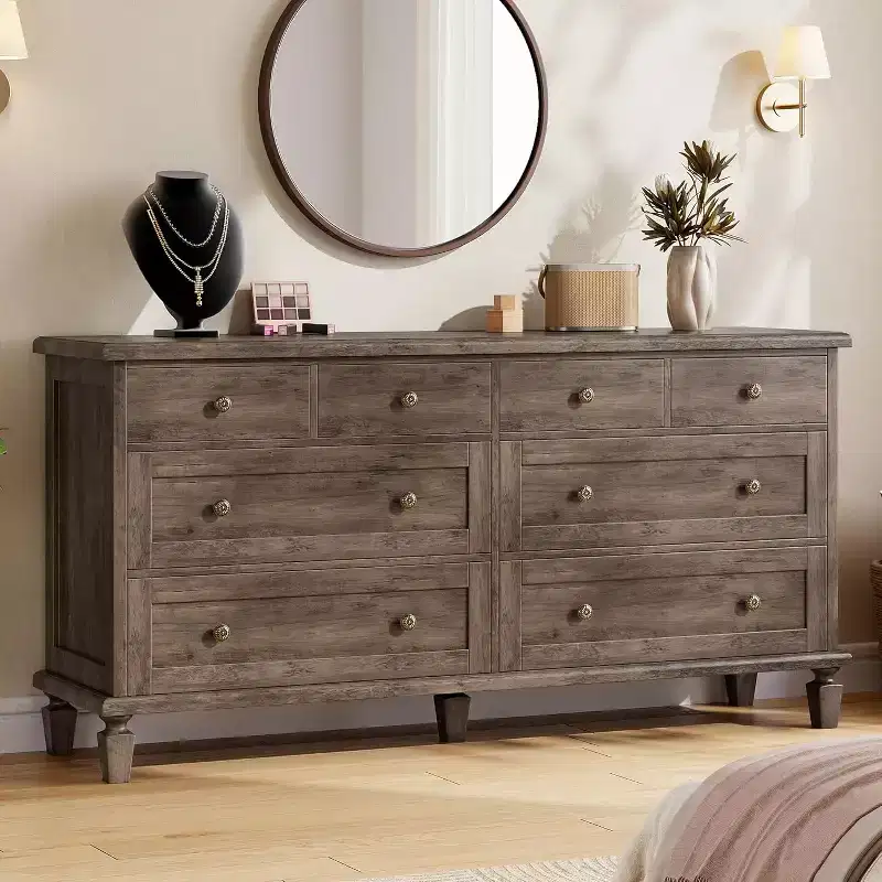 Commode à 8 tiroirs pour chambre à coucher, meuble TV vintage de 59 po avec poignées sculptées et pieds fuselés, commode en bois avec grande capacité de rangement