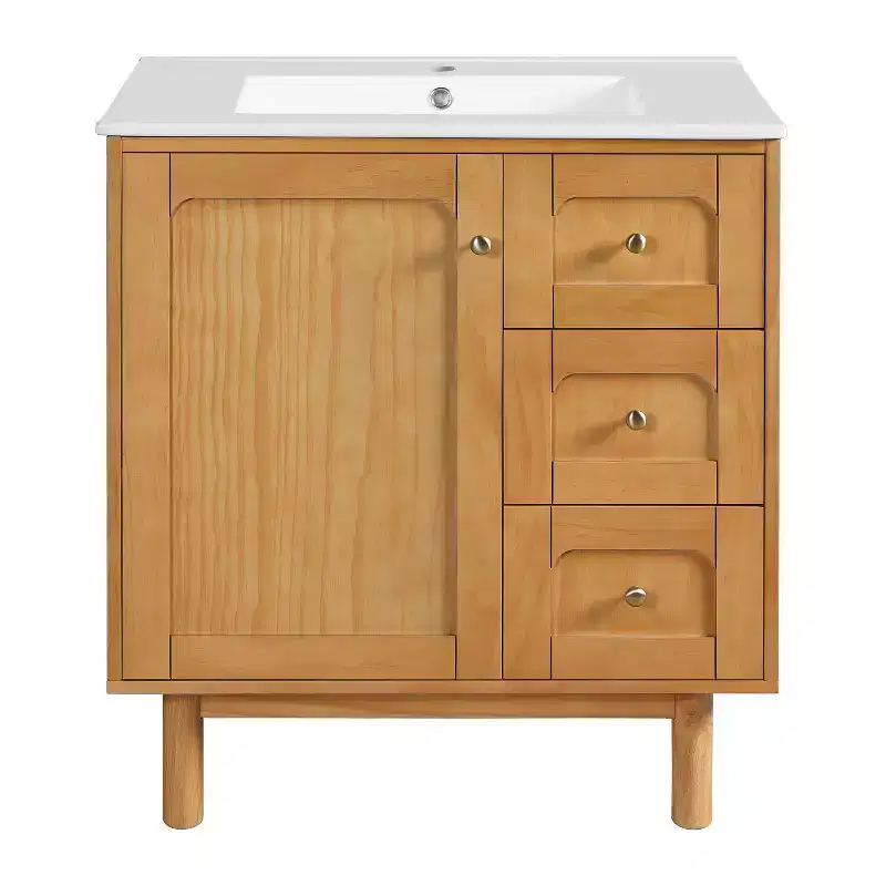 JVNOXK Meuble sous-vasque rustique moderne en céramique de 30 pouces avec 3 tiroirs et 1 grande porte à fermeture douce, meuble de rangement, grain de bois naturel