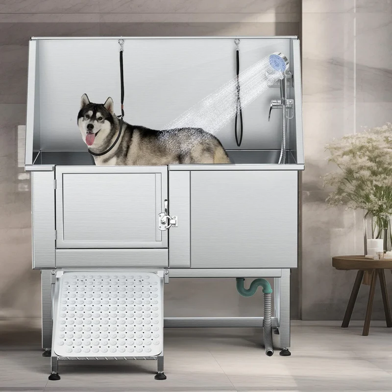 Baignoire de toilettage pour animaux de compagnie de 50 pouces de largeur en acier inoxydable avec rampe d'accès
