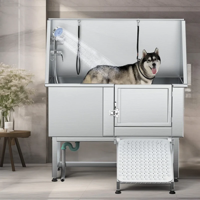 Baignoire de toilettage pour animaux de compagnie de 50 pouces de largeur en acier inoxydable avec rampe d'accès