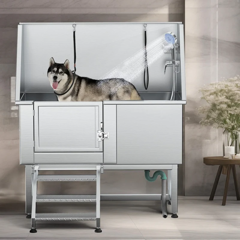 Baignoire de toilettage pour animaux de compagnie de 50 pouces de largeur en acier inoxydable avec rampe d'accès