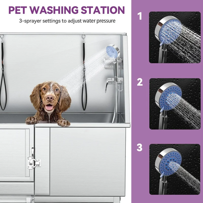Baignoire de toilettage pour animaux de compagnie de 50 pouces de largeur en acier inoxydable avec rampe d'accès