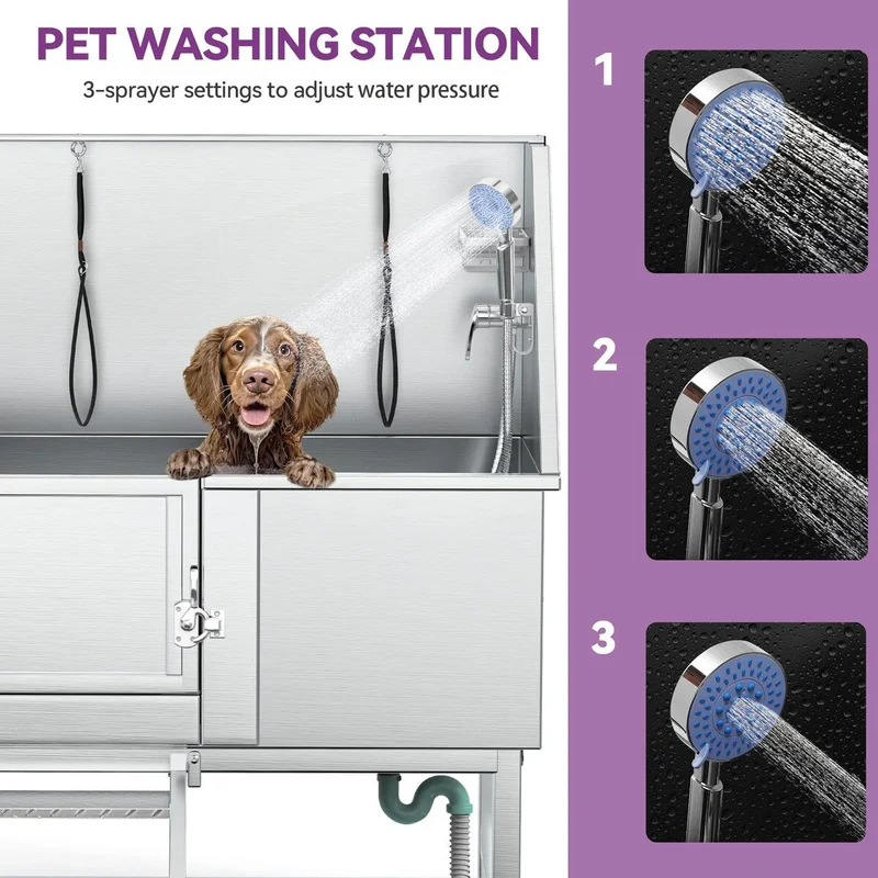 Baignoire de toilettage pour animaux de compagnie de 50 pouces de largeur en acier inoxydable avec rampe d'accès