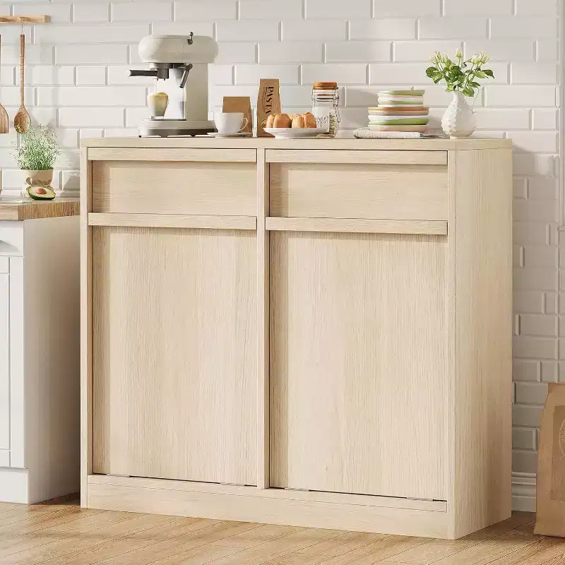 Poubelle inclinable, chêne naturel, poubelle avec rangement et tiroir, meuble poubelle caché, panier à linge pour cuisine, salle à manger, salon