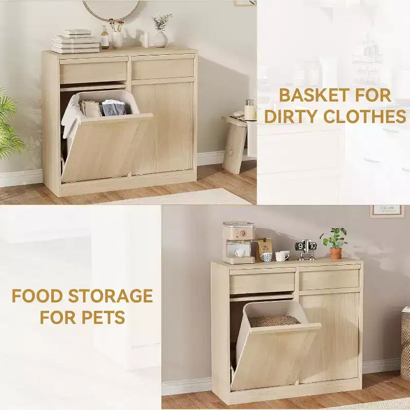 Poubelle inclinable, chêne naturel, poubelle avec rangement et tiroir, meuble poubelle caché, panier à linge pour cuisine, salle à manger, salon