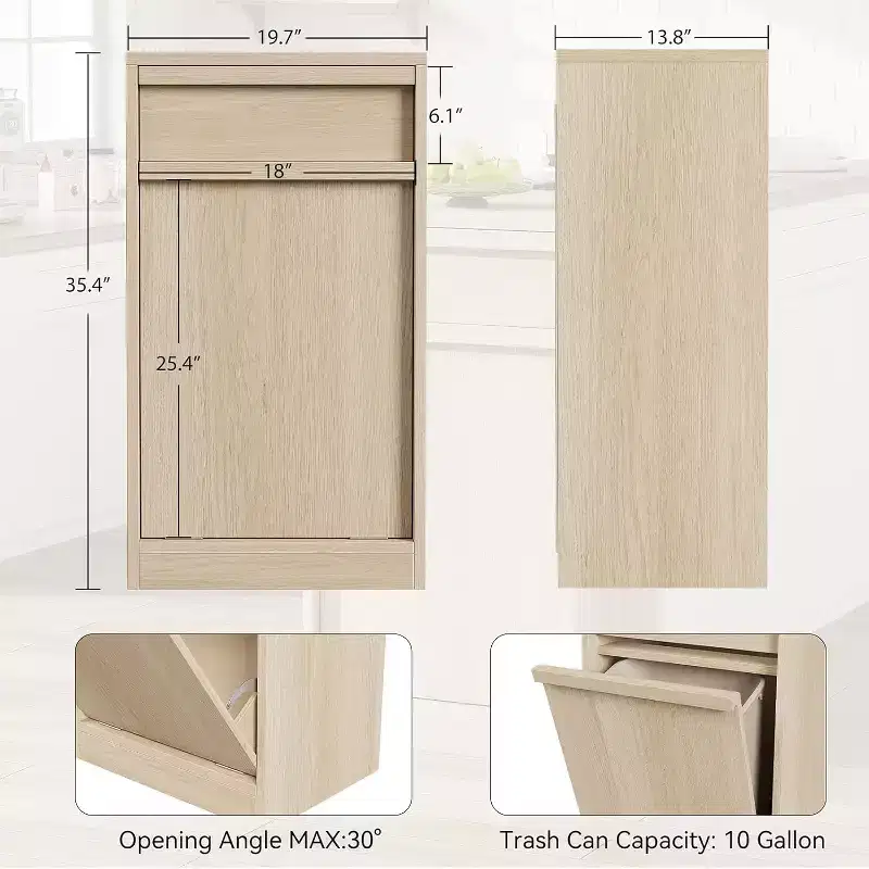 Poubelle inclinable, chêne naturel, poubelle avec rangement et tiroir, meuble poubelle caché, panier à linge pour cuisine, salle à manger, salon