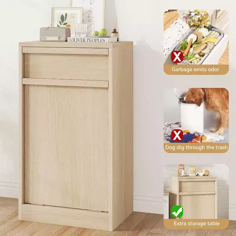 Poubelle inclinable, chêne naturel, poubelle avec rangement et tiroir, meuble poubelle caché, panier à linge pour cuisine, salle à manger, salon