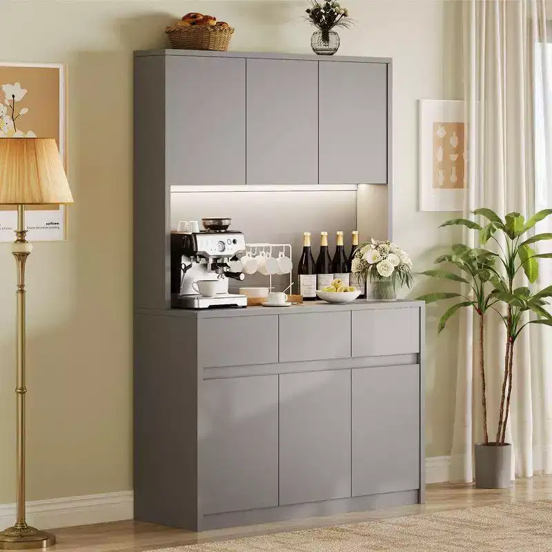Armoire de cuisine de 71 pouces, vaisselier avec lumières LED et prises de courant, buffet avec support pour micro-ondes, étagères réglables