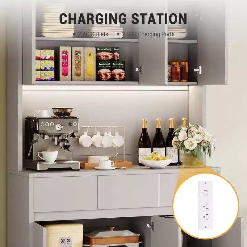 Armoire de cuisine de 71 pouces, vaisselier avec lumières LED et prises de courant, buffet avec support pour micro-ondes, étagères réglables