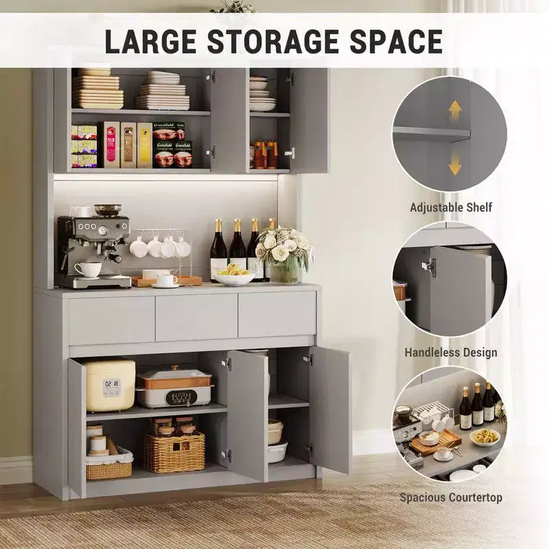 Armoire de cuisine de 71 pouces, vaisselier avec lumières LED et prises de courant, buffet avec support pour micro-ondes, étagères réglables