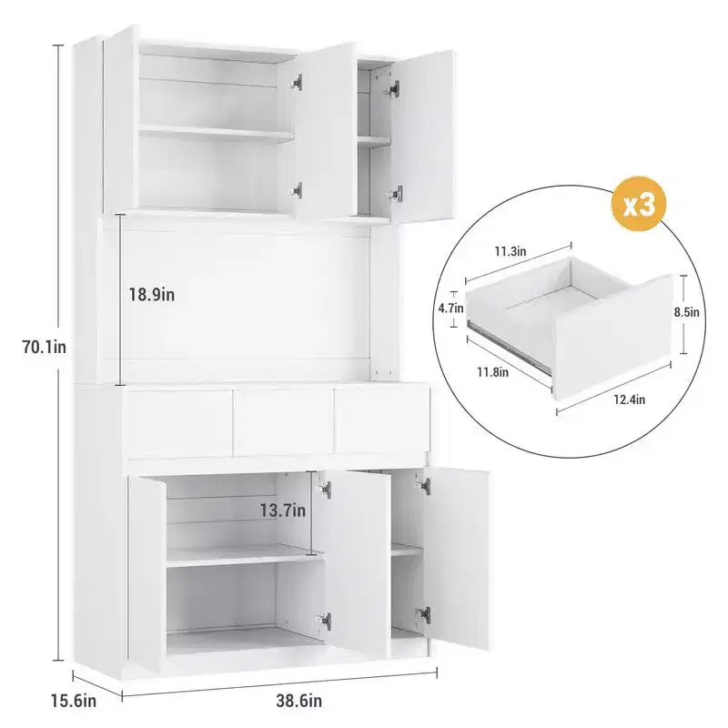 Armoire de cuisine de 71 pouces, vaisselier avec lumières LED et prises de courant, buffet avec support pour micro-ondes, étagères réglables