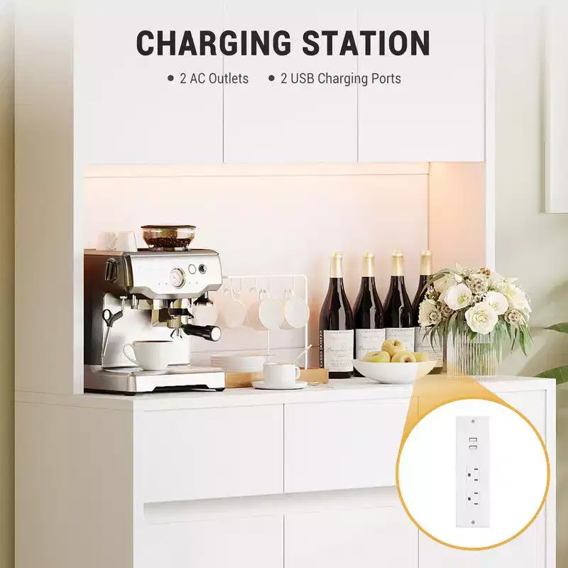 Armoire de cuisine de 71 pouces, vaisselier avec lumières LED et prises de courant, buffet avec support pour micro-ondes, étagères réglables