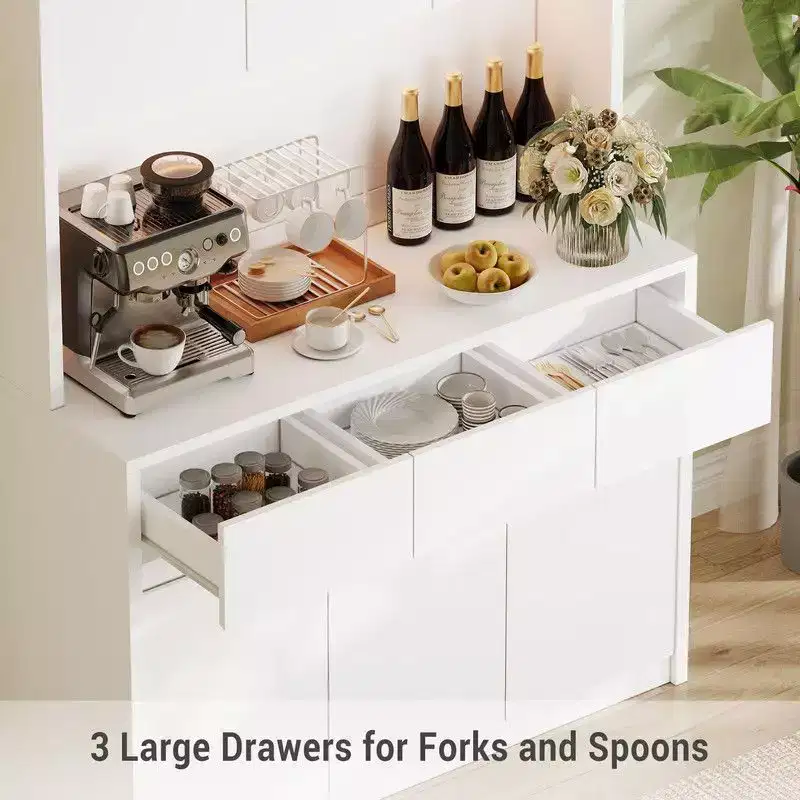 Armoire de cuisine de 71 pouces, vaisselier avec lumières LED et prises de courant, buffet avec support pour micro-ondes, étagères réglables