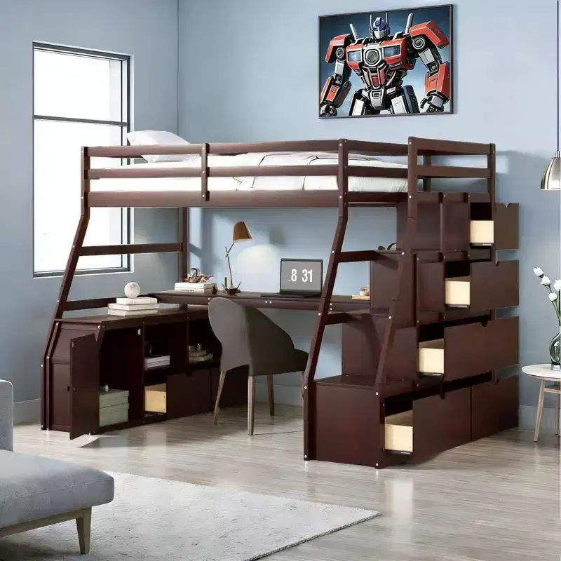 Lit mezzanine simple avec 7 tiroirs, 2 étagères, armoire et bureau pour enfants et adolescents
