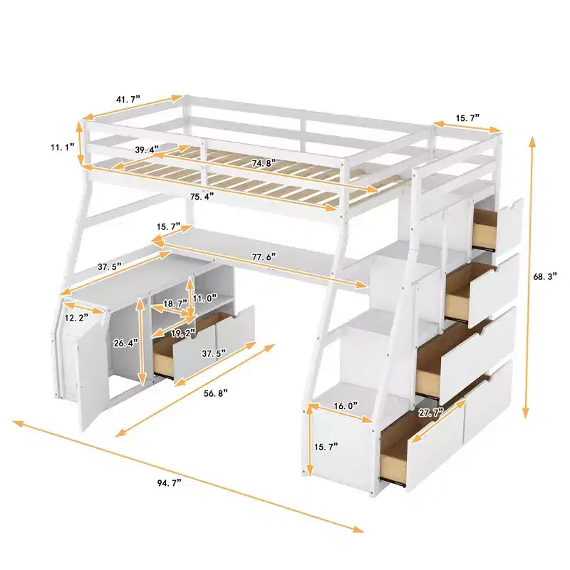Lit mezzanine simple avec 7 tiroirs, 2 étagères, armoire et bureau pour enfants et adolescents