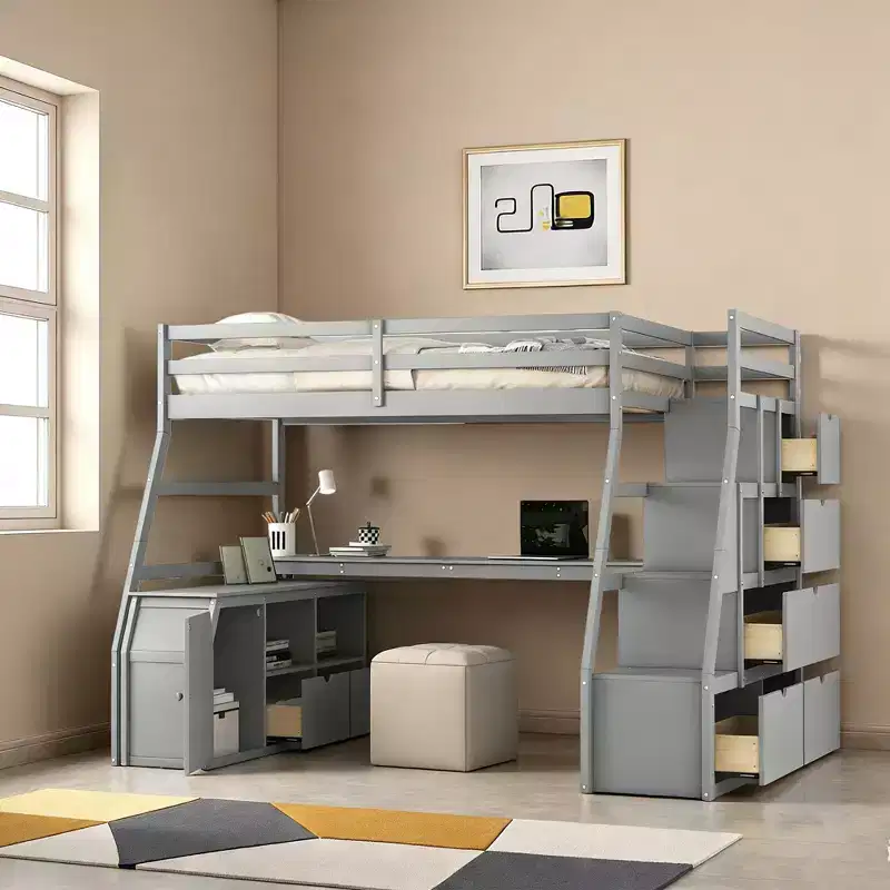 Lit mezzanine simple avec 7 tiroirs, 2 étagères, armoire et bureau pour enfants et adolescents