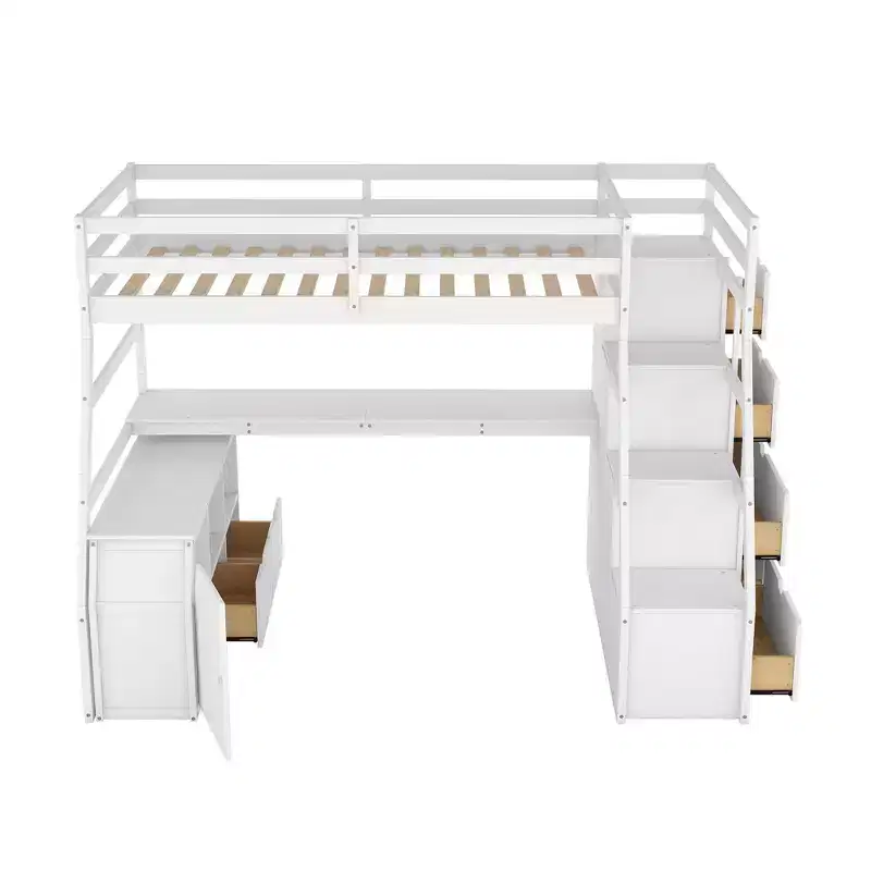Lit mezzanine simple avec 7 tiroirs, 2 étagères, armoire et bureau pour enfants et adolescents