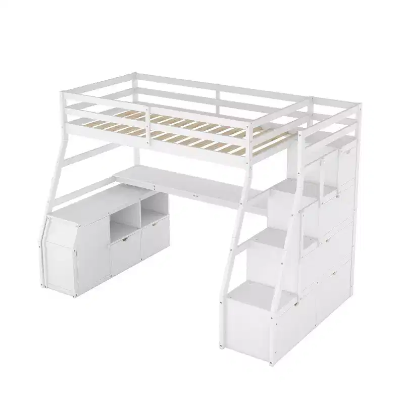Lit mezzanine simple avec 7 tiroirs, 2 étagères, armoire et bureau pour enfants et adolescents