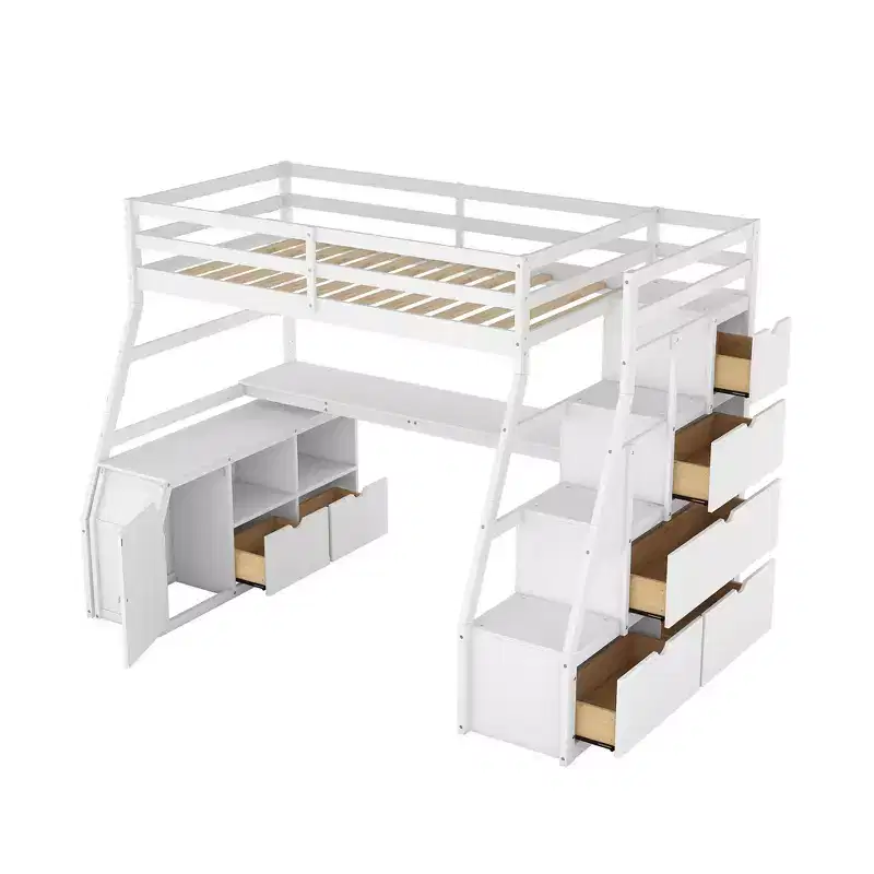 Lit mezzanine simple avec 7 tiroirs, 2 étagères, armoire et bureau pour enfants et adolescents