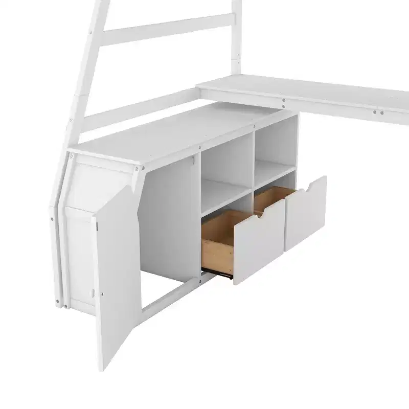 Lit mezzanine simple avec 7 tiroirs, 2 étagères, armoire et bureau pour enfants et adolescents