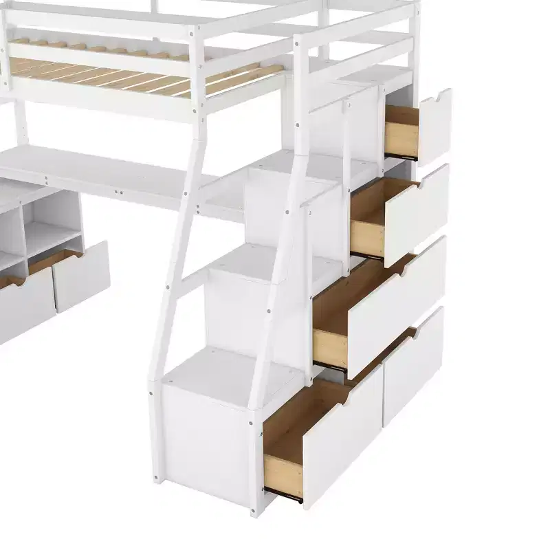 Lit mezzanine simple avec 7 tiroirs, 2 étagères, armoire et bureau pour enfants et adolescents