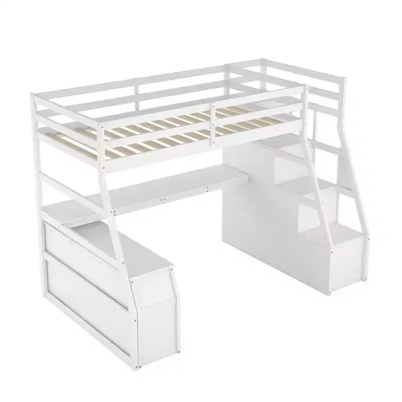 Lit mezzanine simple avec 7 tiroirs, 2 étagères, armoire et bureau pour enfants et adolescents