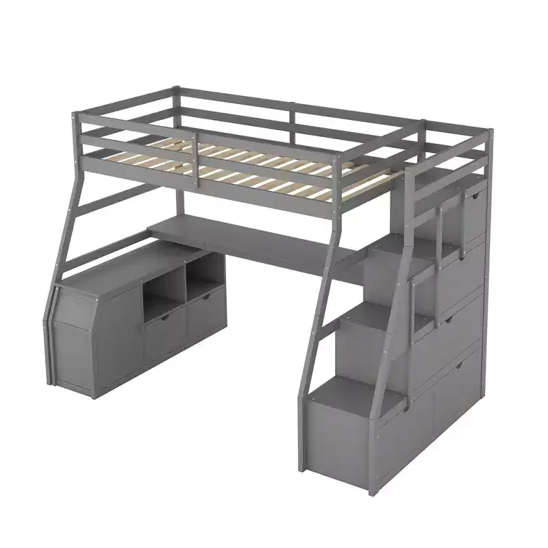 Lit mezzanine simple avec 7 tiroirs, 2 étagères, armoire et bureau pour enfants et adolescents