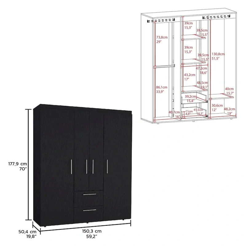 Armoire Bariloche avec tringles, étagères et 2 tiroirs