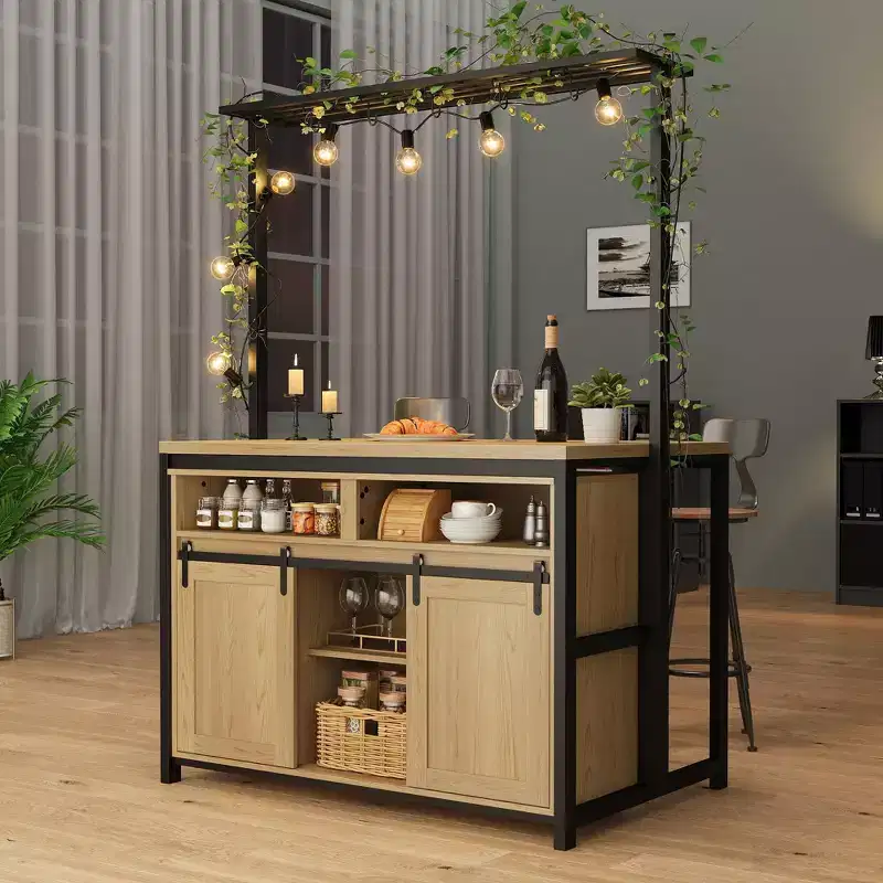 Îlot de cuisine, étagère de boulanger avec porte coulissante de grange, grande table îlot de cuisine de 106 cm avec support micro-ondes à 3 niveaux, étagères de four, ensemble table de bar à café