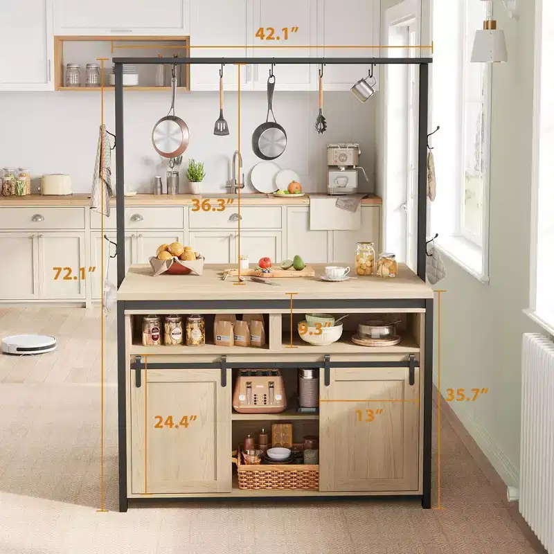 Îlot de cuisine, étagère de boulanger avec porte coulissante de grange, grande table îlot de cuisine de 106 cm avec support micro-ondes à 3 niveaux, étagères de four, ensemble table de bar à café