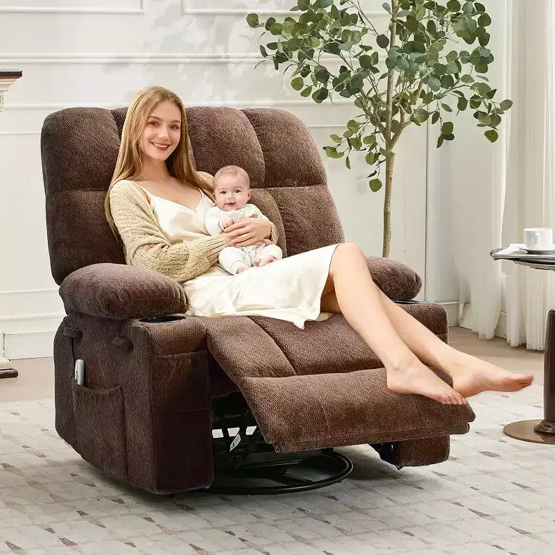 Fauteuil inclinable surdimensionné pour adultes, canapé berçant pivotant manuel, poches latérales et porte-gobelets pour personnes fortes et de grande taille, salon