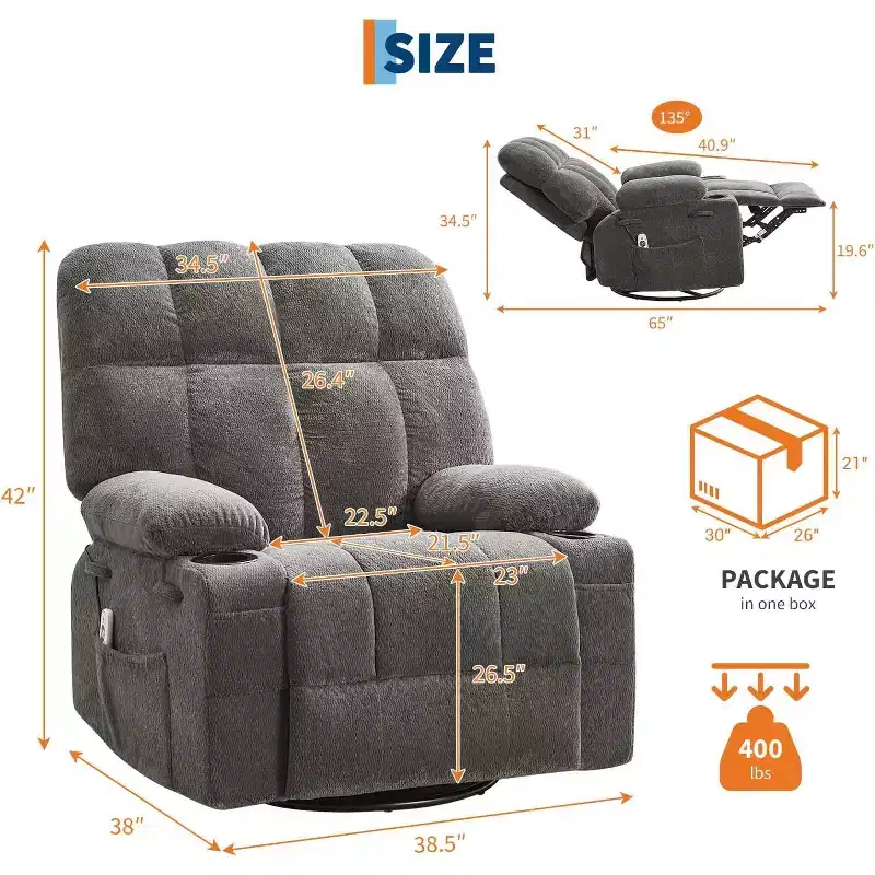 Fauteuil inclinable surdimensionné pour adultes, canapé berçant pivotant manuel, poches latérales et porte-gobelets pour personnes fortes et de grande taille, salon