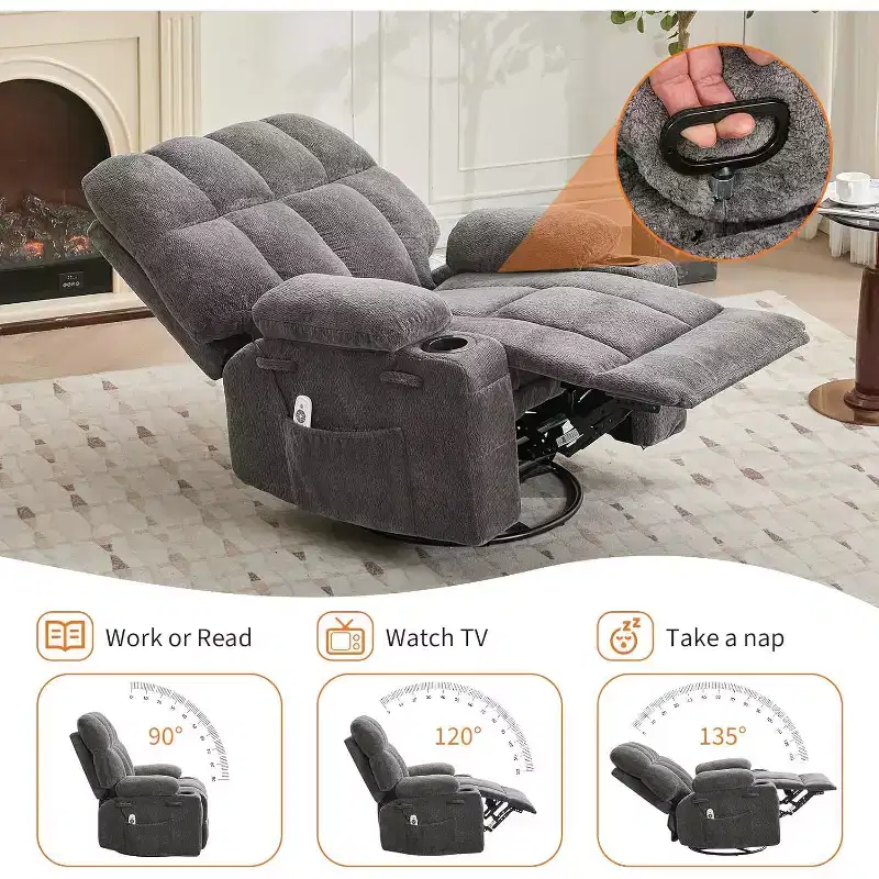 Fauteuil inclinable surdimensionné pour adultes, canapé berçant pivotant manuel, poches latérales et porte-gobelets pour personnes fortes et de grande taille, salon