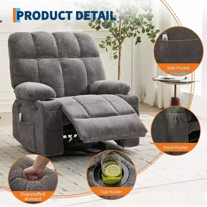 Fauteuil inclinable surdimensionné pour adultes, canapé berçant pivotant manuel, poches latérales et porte-gobelets pour personnes fortes et de grande taille, salon