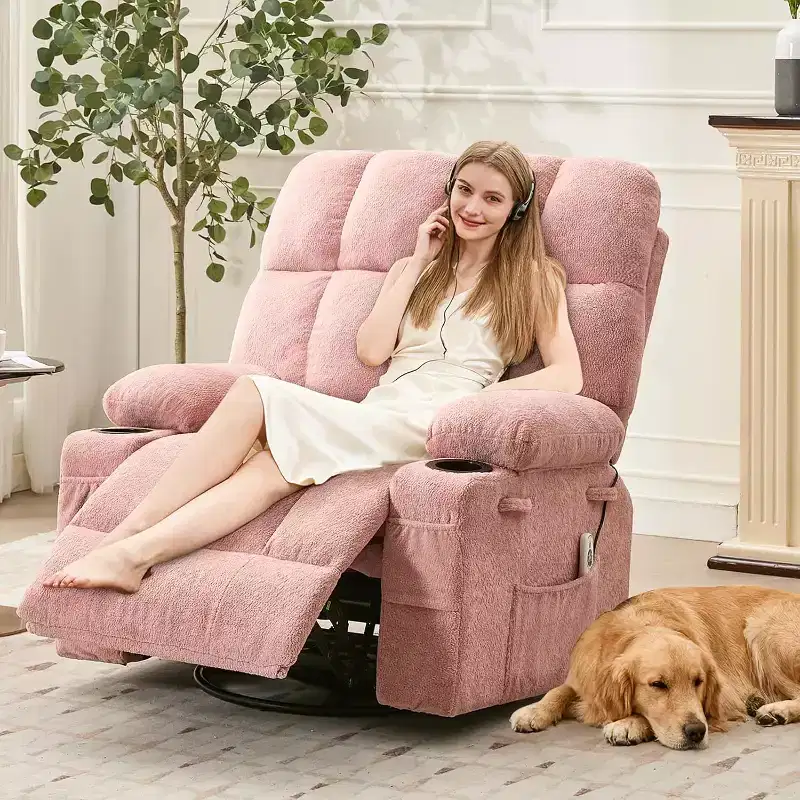 Fauteuil inclinable surdimensionné pour adultes, canapé berçant pivotant manuel, poches latérales et porte-gobelets pour personnes fortes et de grande taille, salon