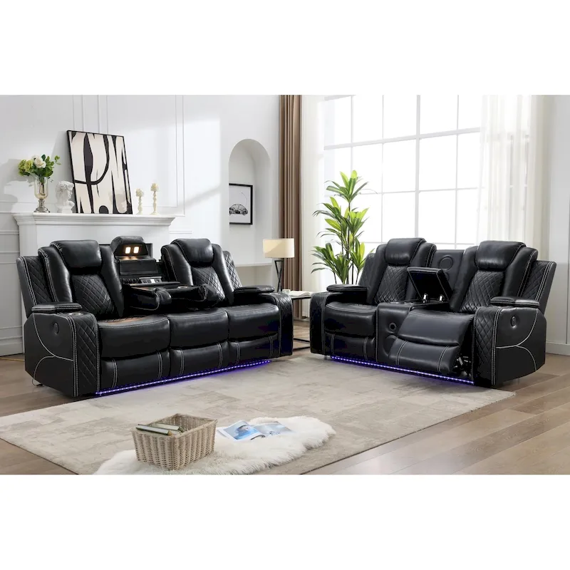 Canapé inclinable électrique avec chargeur sans fil, liseuse pour salon, lumière LED en similicuir, port AC/USB, porte-gobelet, noir