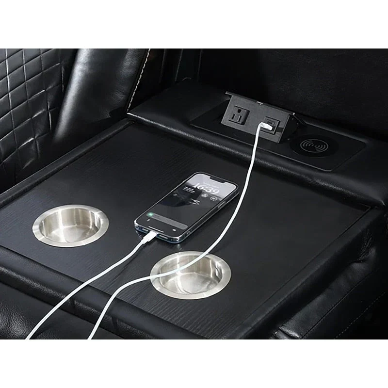 Canapé inclinable électrique avec chargeur sans fil, liseuse pour salon, lumière LED en similicuir, port AC/USB, porte-gobelet, noir