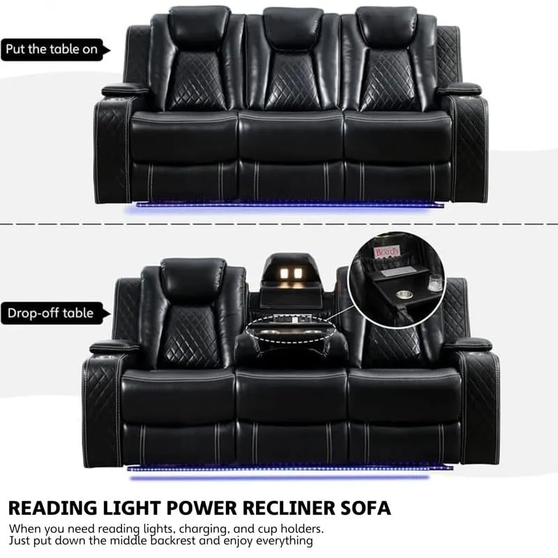 Canapé inclinable électrique avec chargeur sans fil, liseuse pour salon, lumière LED en similicuir, port AC/USB, porte-gobelet, noir