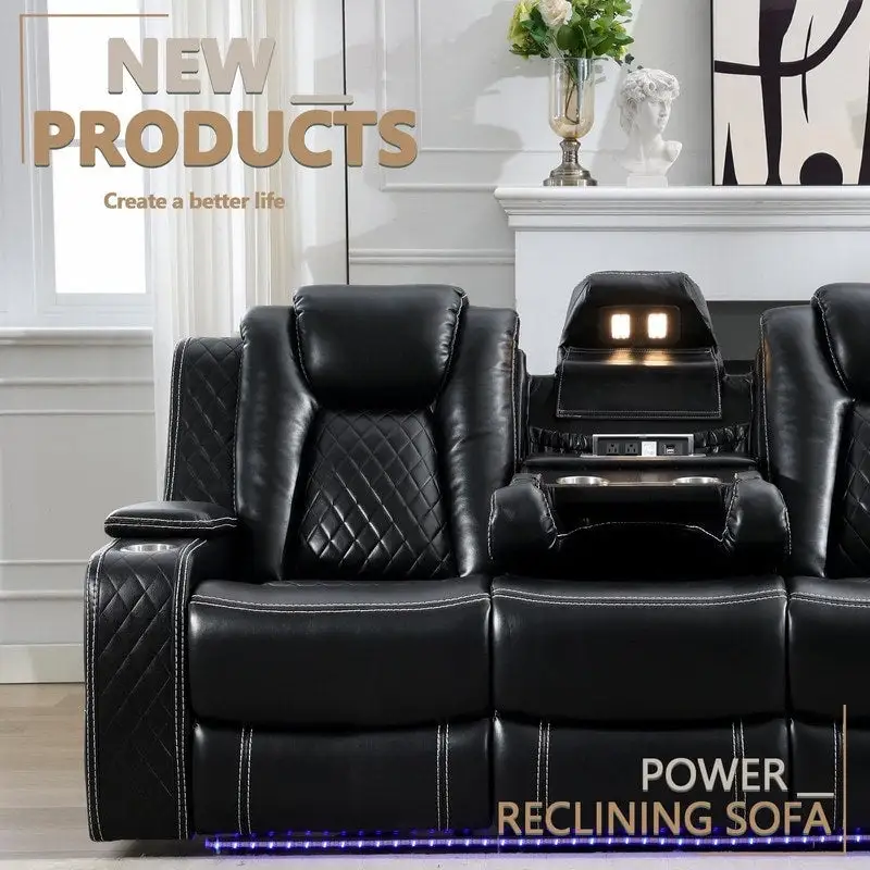 Canapé inclinable électrique avec chargeur sans fil, liseuse pour salon, lumière LED en similicuir, port AC/USB, porte-gobelet, noir