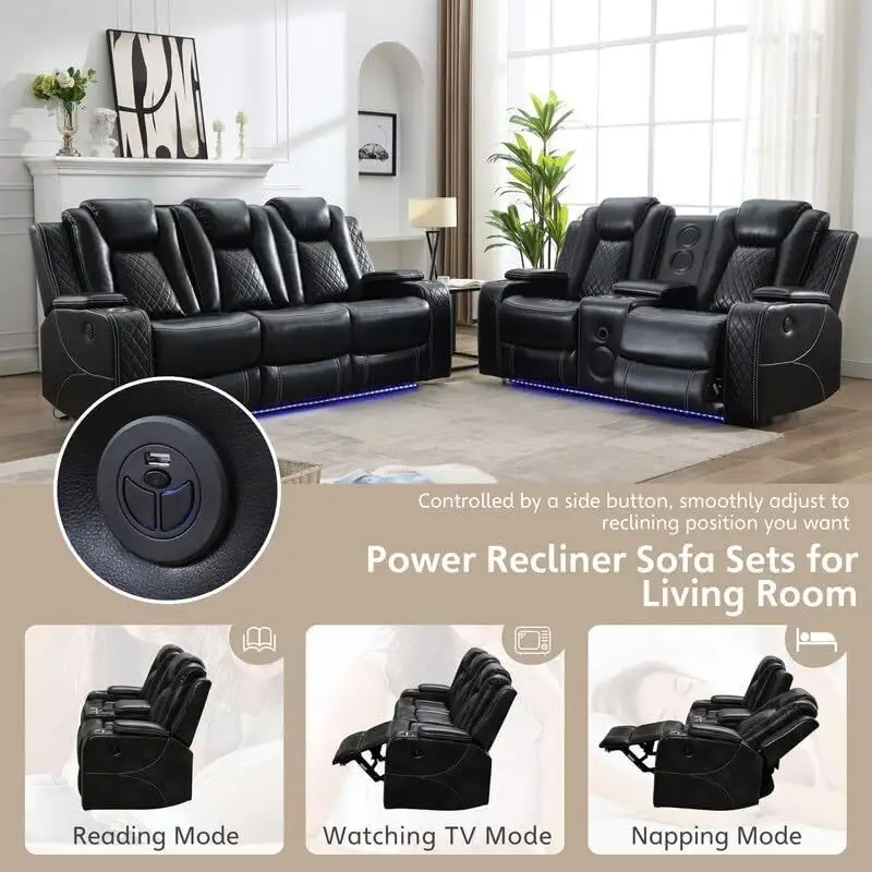 Canapé inclinable électrique avec chargeur sans fil, liseuse pour salon, lumière LED en similicuir, port AC/USB, porte-gobelet, noir